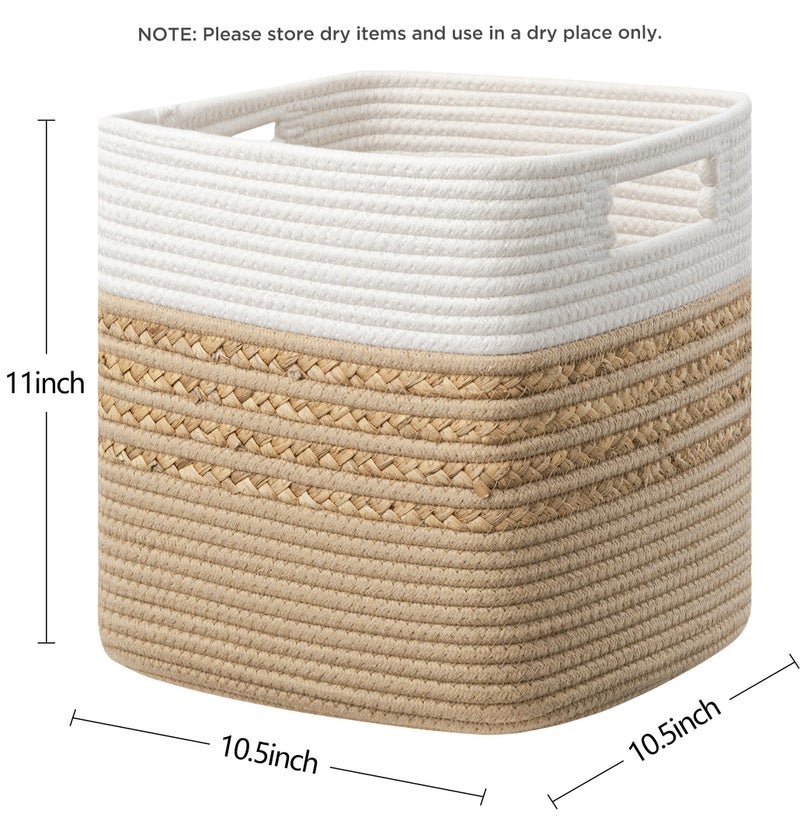 UBBCARE Set of 4 Storage Cubes 11 X 10.5 X 10.5 in, Water Hyacinth Storage Bins for Shelves, Toys, Book, Storage Baskets with Handles, Cotton Rope Woven Baskets for Organizing, Brown - Image 2