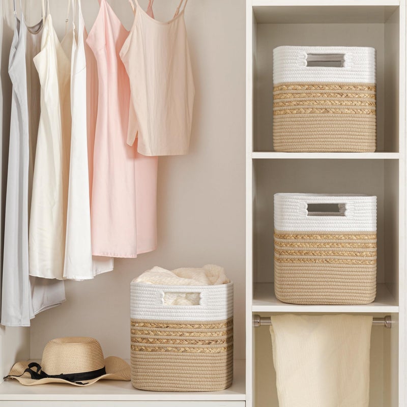 UBBCARE Set of 4 Storage Cubes 11 X 10.5 X 10.5 in, Water Hyacinth Storage Bins for Shelves, Toys, Book, Storage Baskets with Handles, Cotton Rope Woven Baskets for Organizing, Brown - Image 5