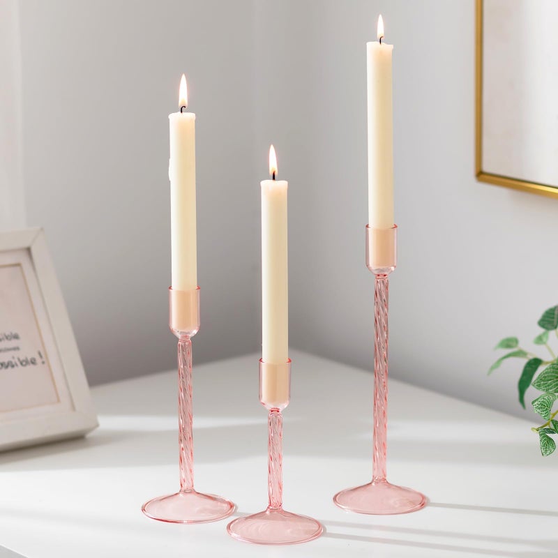 Glasseam Pink Glass Candle Sticks Holder Tall Taper Candle Holder Set of 3 Decorative Candlesticks Modern Candle Holders for Living Room Candlestick Holders for Home Decor Tables Decoration