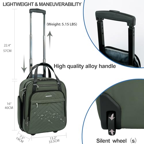 VANKEAN Carry On Underseat 16-inch Multi-functional Underseater Lightweight Overnight Suitcase with Wheels, Roller Case for Men Women Travel Business, Army Green - Image 3