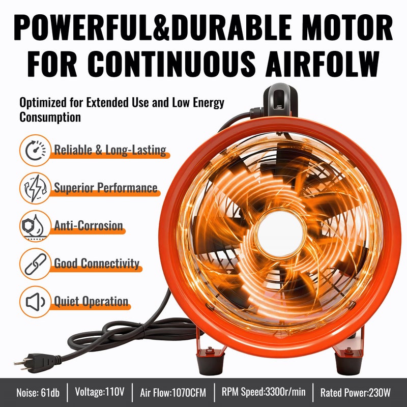 dreamdragon Upgraded 8-Inch Utility Blower Fan, Portable Industrial Exhaust Fan with 33ft Flexible Duct Hose, 3300 RPM Low-Noise Ventilator for Workshops Warehouses and Basements - Image 3
