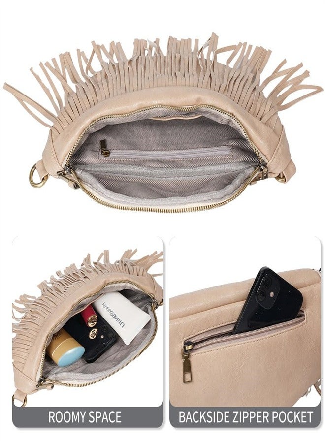 SYOSI - Crossbody Bags for Women, Upgrade Sling Bag Leather Belt Bag Fashion Waist Packs Chest Bag Studded Tassel  Bag(Beige) - Image 1