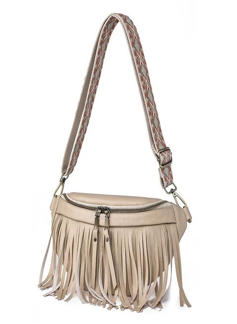 Crossbody Bags for Women, Upgrade Sling Bag Leather Belt Bag Fashion Waist Packs Chest Bag Studded Tassel  Bag(Beige)