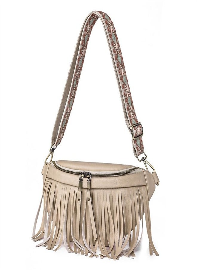 SYOSI - Crossbody Bags for Women, Upgrade Sling Bag Leather Belt Bag Fashion Waist Packs Chest Bag Studded Tassel  Bag(Beige) - Image 1