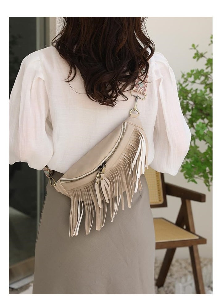 SYOSI - Crossbody Bags for Women, Upgrade Sling Bag Leather Belt Bag Fashion Waist Packs Chest Bag Studded Tassel  Bag(Beige) - Image 1