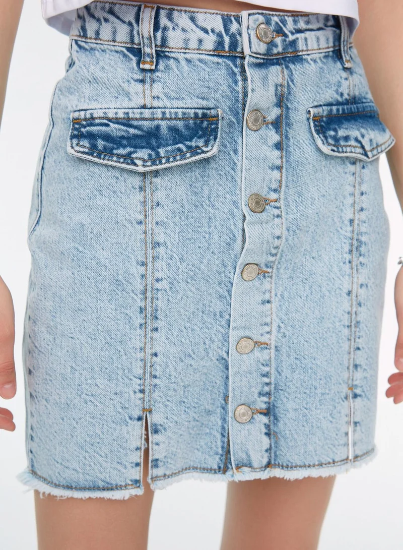 trendyol Slit Hem Button Detail Denim Skirt