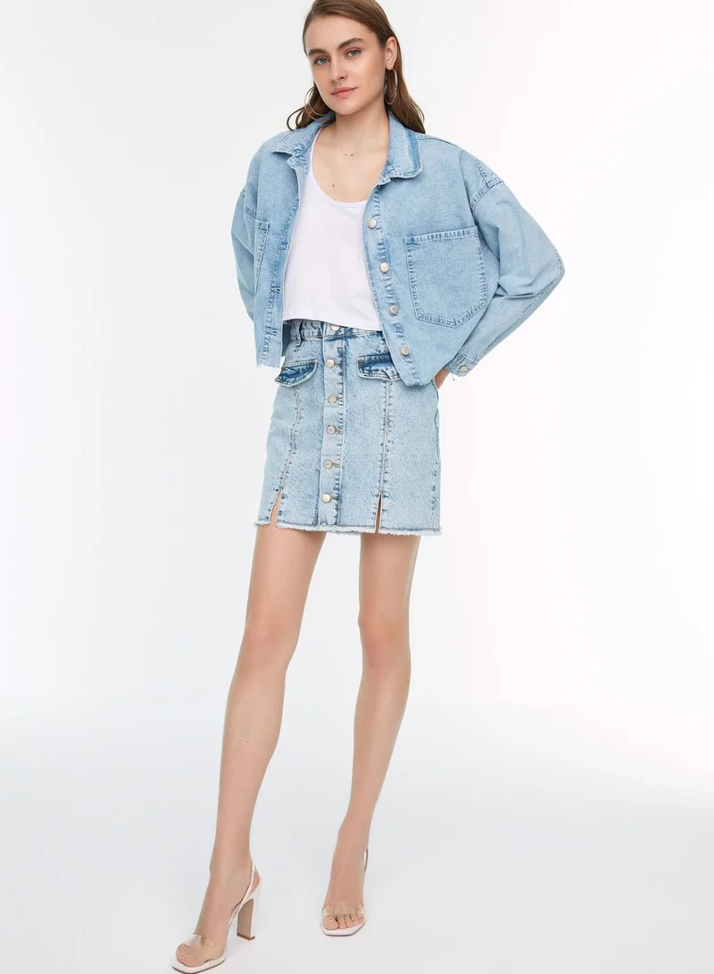 trendyol Slit Hem Button Detail Denim Skirt