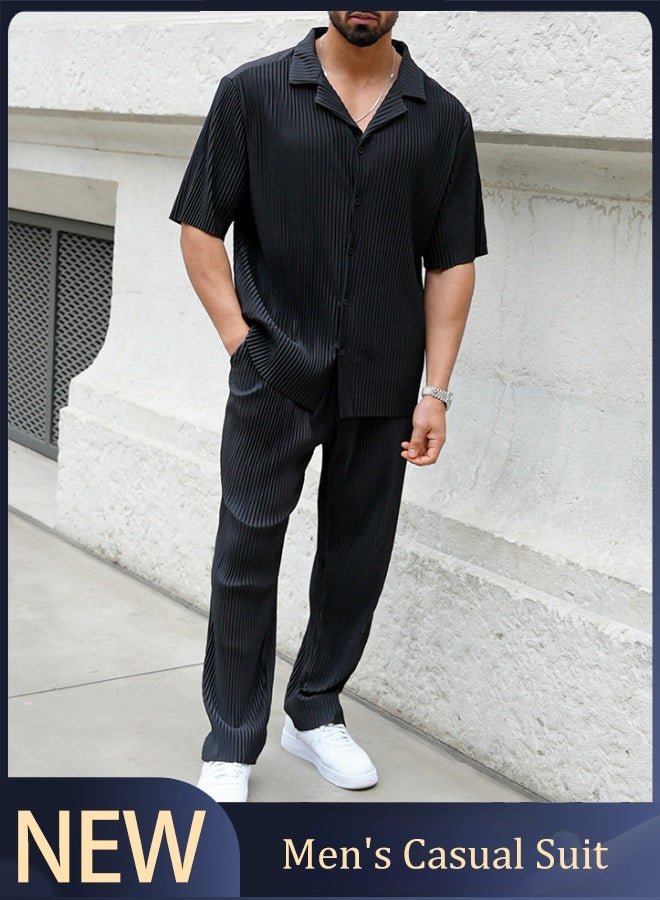 Fashionable men's casual two-piece set, consisting of a short-sleeved shirt and a pair of pants. Men's suit, suitable for various occasions. - Image 1