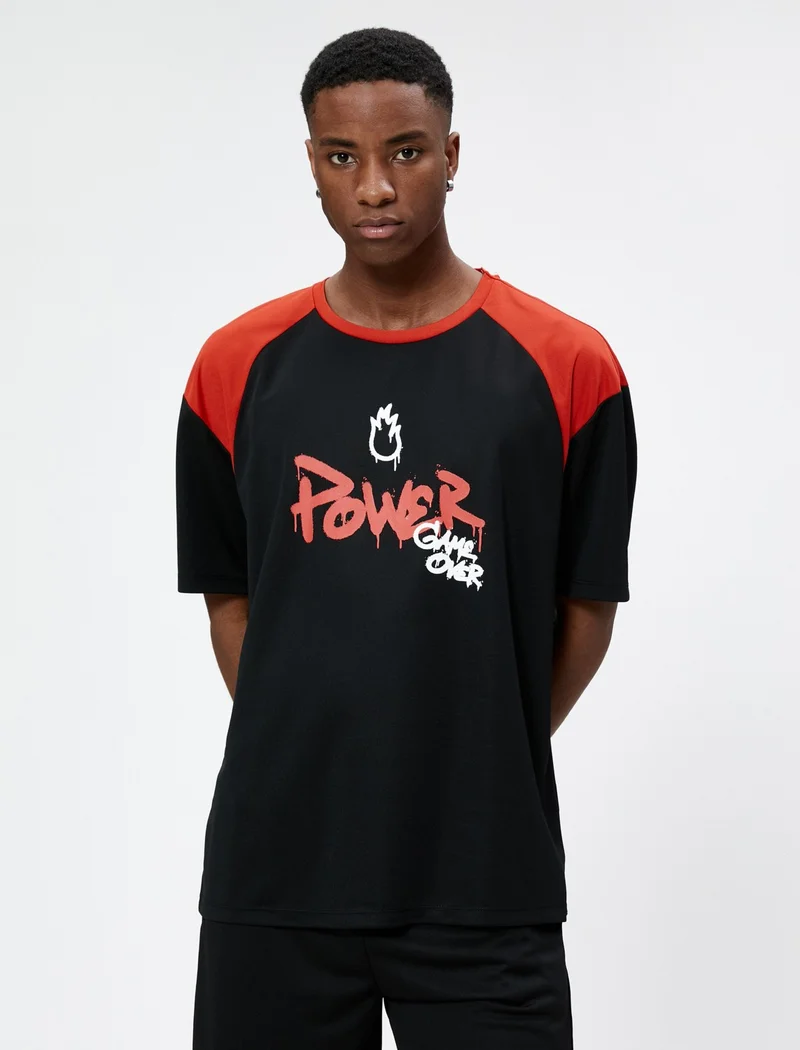 KOTON Sports Oversize T-Shirt Slogan Printed Crew Neck Half Sleeve