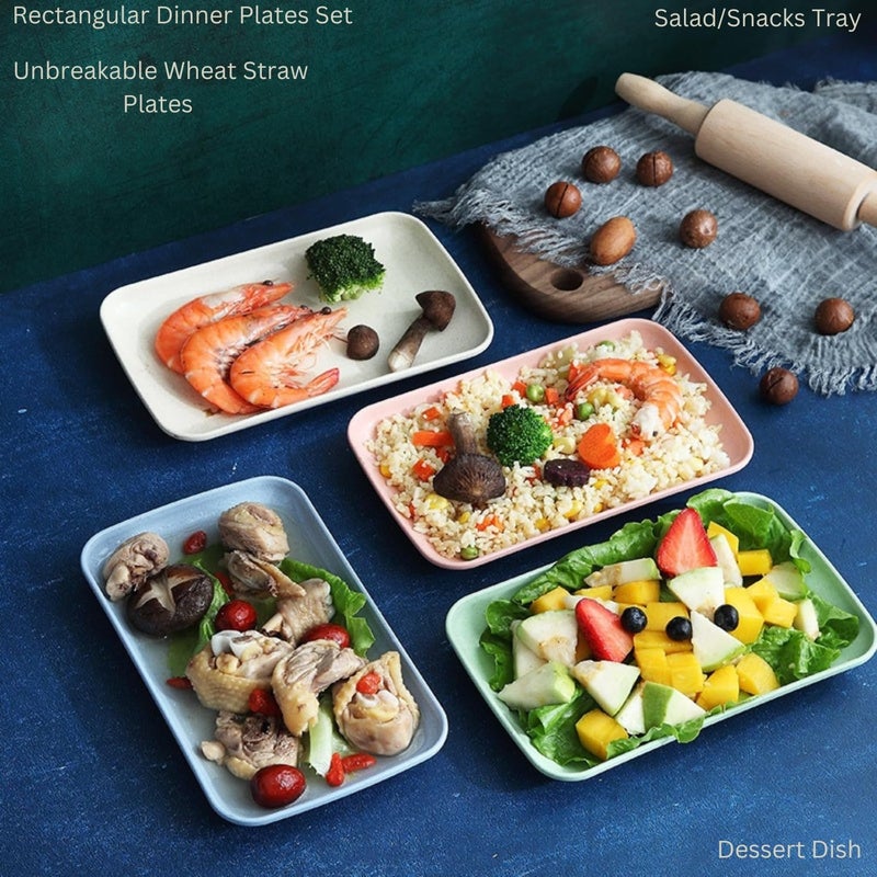 Trifecta أطباق قمح القش غير قابلة للكسر 4 قطع، 21 × 12.5 سم طبق كعكة خفيف الوزن ومت耐، طبق صغير قابل لإعادة الاستخدام للوجبات الخفيفة للفواكه، المعكرونة، السلطة، الحلوى، الأطباق، صينية السوشي (4 أخضر) - Image 2