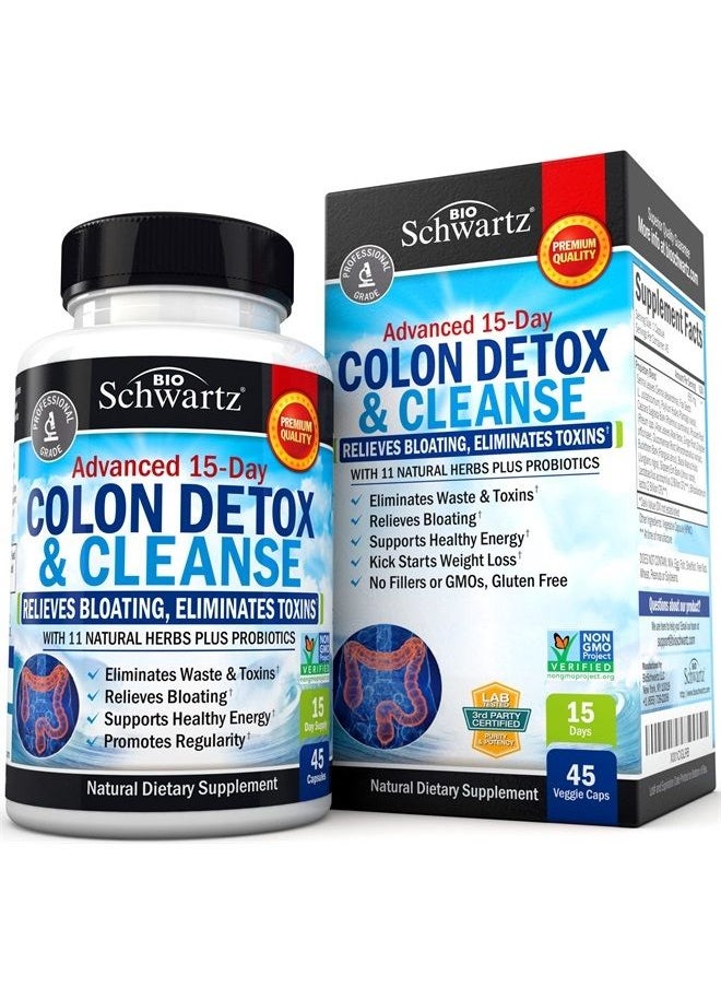 BioSchwartz - Colon Cleanser and Detox for Weight Loss & Digestive Support - 15 Day Fast-Acting Extra Strength Cleanse with Probiotic Fiber Plus Noni for Constipation Relief & Bloating Support, Non-GMO, 45 Count - Image 1