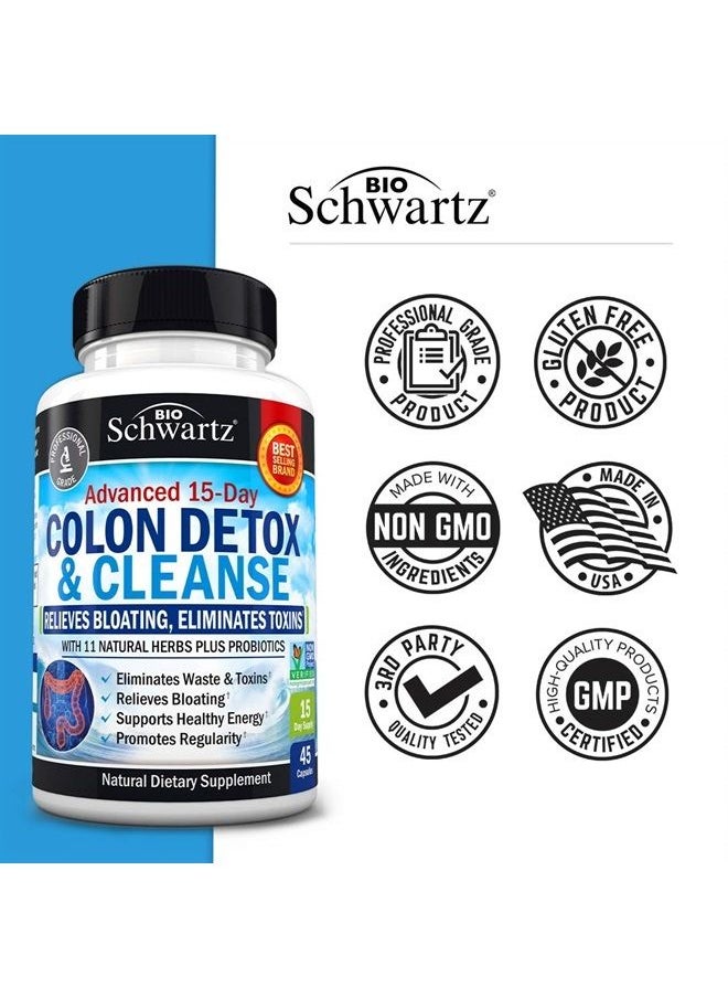 BioSchwartz - Colon Cleanser and Detox for Weight Loss & Digestive Support - 15 Day Fast-Acting Extra Strength Cleanse with Probiotic Fiber Plus Noni for Constipation Relief & Bloating Support, Non-GMO, 45 Count - Image 1