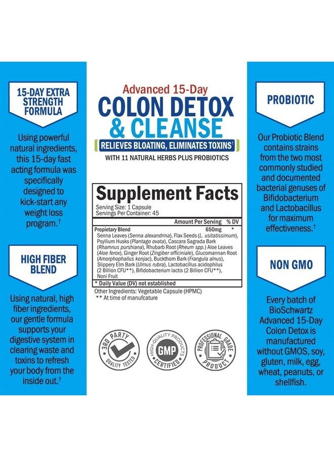 BioSchwartz - Colon Cleanser and Detox for Weight Loss & Digestive Support - 15 Day Fast-Acting Extra Strength Cleanse with Probiotic Fiber Plus Noni for Constipation Relief & Bloating Support, Non-GMO, 45 Count - Image 1