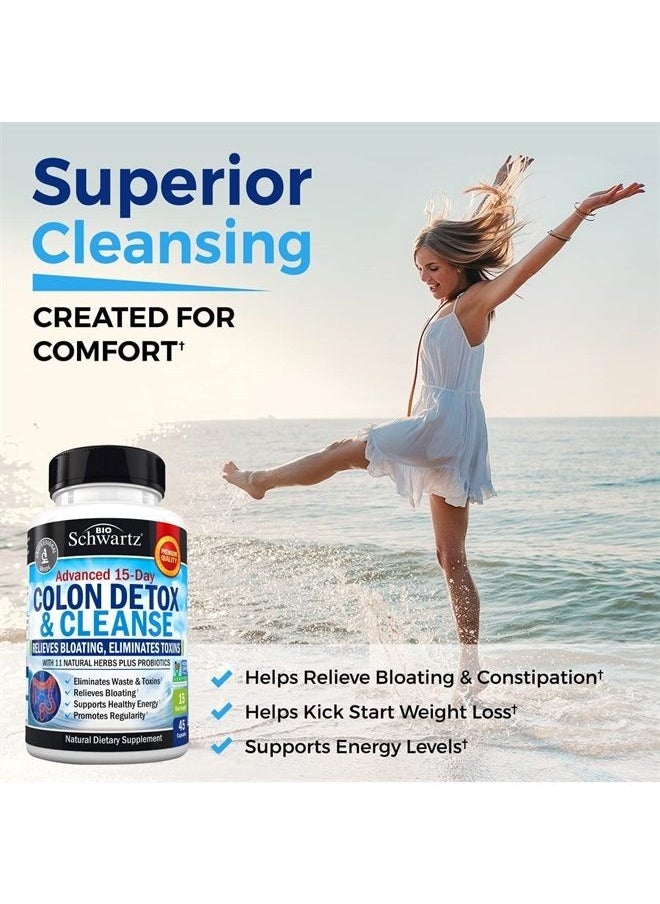 BioSchwartz - Colon Cleanser and Detox for Weight Loss & Digestive Support - 15 Day Fast-Acting Extra Strength Cleanse with Probiotic Fiber Plus Noni for Constipation Relief & Bloating Support, Non-GMO, 45 Count - Image 1