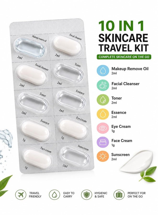 سكين بلس مجموعة كبسولات SKINPLUS للعناية بالبشرة للسفر مكونة من 10 قطع - مزيل مكياج، منظف، تونر، خلاصة، كريم للعين، كريم للوجه، وواقي من الشمس (للاستخدام مرة واحدة) - Image 1