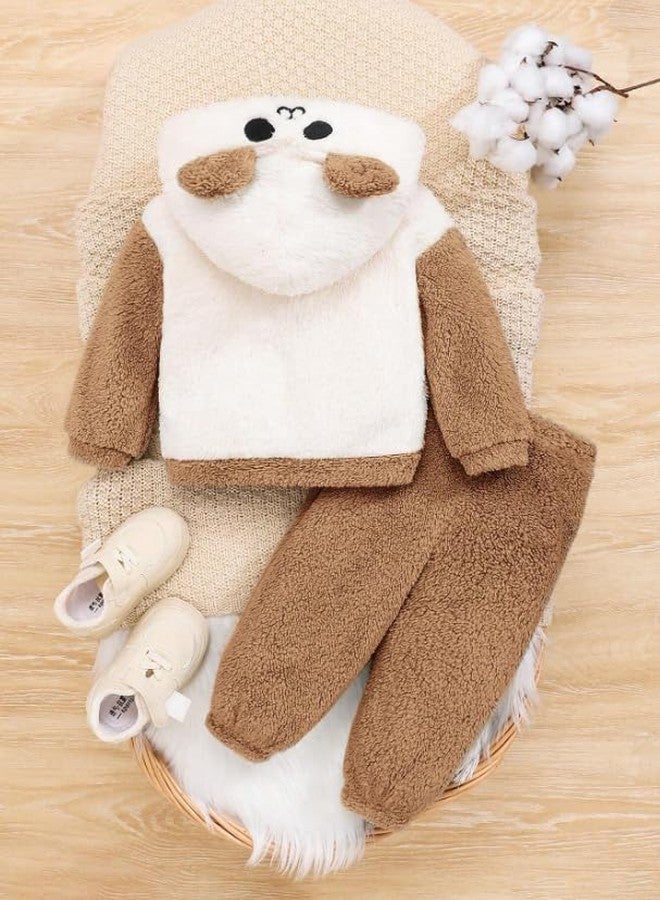 Ameeha Cartoon Character Design Kids' Fur Hooded Top and Pants Set, White and Brown (Brown, 6 Months-12 Months) - Image 2