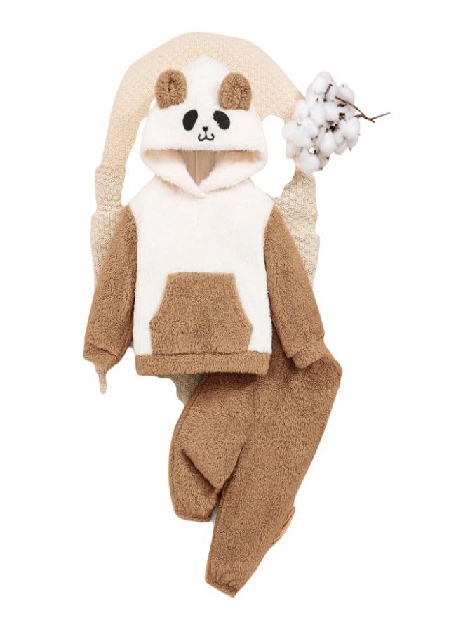 Ameeha Cartoon Character Design Kids' Fur Hooded Top and Pants Set, White and Brown (Brown, 6 Months-12 Months) - Image 1