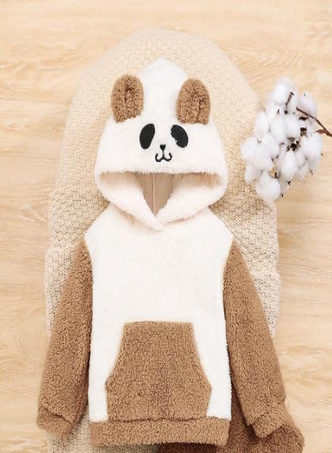 Ameeha Cartoon Character Design Kids' Fur Hooded Top and Pants Set, White and Brown (Brown, 6 Months-12 Months) - Image 3