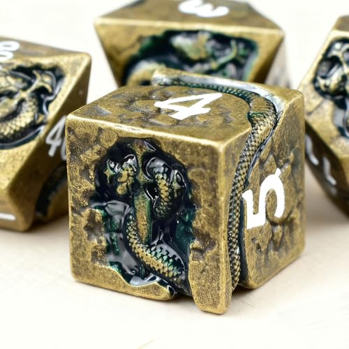 RULE DICE Metal DD Dice DND Dice Set Polyhedral Dice for Dungeons and Dragons RPG Games 7pc D and D Dice Set with Green Serpent Gift for TTRPG Players - Image 1
