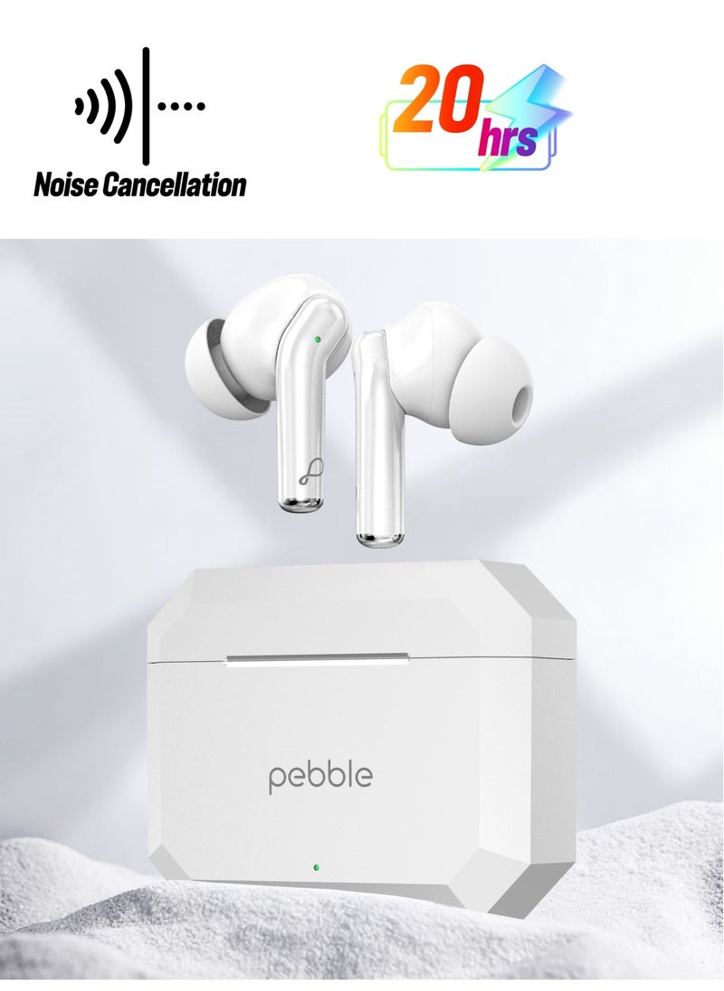 Pebble Glory Buds with AI Environmental Noise Cancellation, 10mm Dynamic Drivers, Deep Bass, 20-Hour Playtime, IPX4 Splash & Sweat Resistance, Premium Diamond Cut Design, Fast Pairing, Bluetooth 5.1 , White  - Image 1