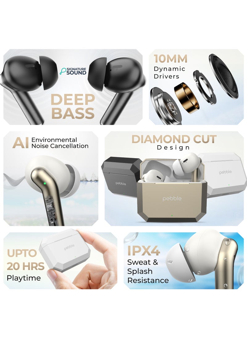 Pebble Glory Buds with AI Environmental Noise Cancellation, 10mm Dynamic Drivers, Deep Bass, 20-Hour Playtime, IPX4 Splash & Sweat Resistance, Premium Diamond Cut Design, Fast Pairing, Bluetooth 5.1 , White  - Image 2