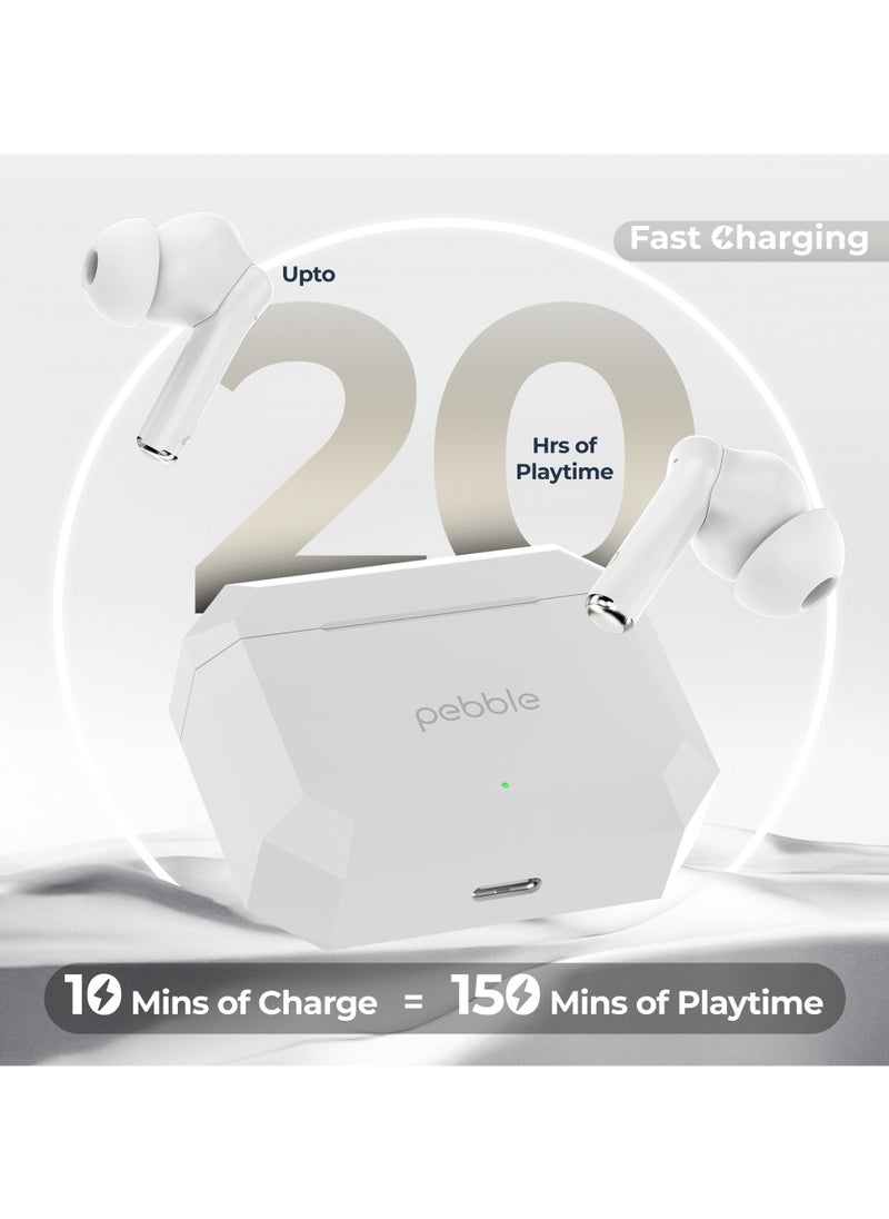 Pebble Glory Buds with AI Environmental Noise Cancellation, 10mm Dynamic Drivers, Deep Bass, 20-Hour Playtime, IPX4 Splash & Sweat Resistance, Premium Diamond Cut Design, Fast Pairing, Bluetooth 5.1 , White  - Image 5