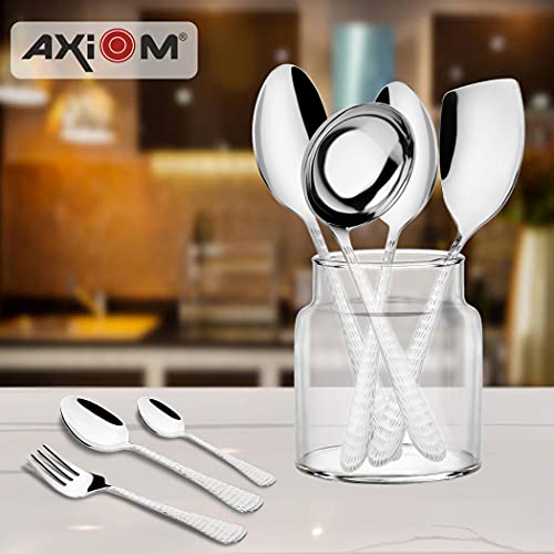 AXIOM Stainless Steel Cutlery & Flatware Serving Set of 22 Pieces. Premium Tableware Spoon & Fork Dinner, Tea & Dessert Spoons for 6 with Ladle karchi, Rice & Serving Spoon chammach Hammered Finish - Image 5