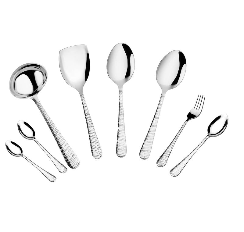 AXIOM Stainless Steel Cutlery & Flatware Serving Set of 22 Pieces. Premium Tableware Spoon & Fork Dinner, Tea & Dessert Spoons for 6 with Ladle karchi, Rice & Serving Spoon chammach Hammered Finish - Image 1