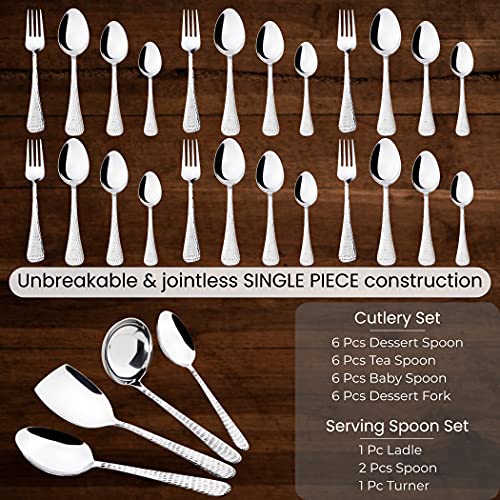 AXIOM Stainless Steel Cutlery & Flatware Serving Set of 22 Pieces. Premium Tableware Spoon & Fork Dinner, Tea & Dessert Spoons for 6 with Ladle karchi, Rice & Serving Spoon chammach Hammered Finish - Image 4