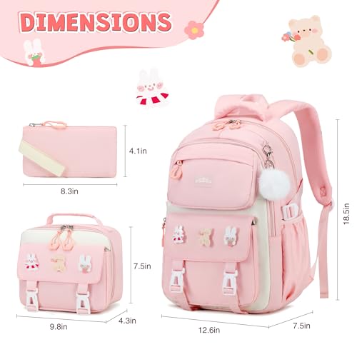 DIGOBAY 3PCS Girls Backpack for School, Kids Backpack for Girls with Lunch Box Pencil Case Set for Teen Girl Elementary Primary Middle High College School Bookbag with Cute Pins (Pink) - Image 2