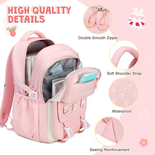 DIGOBAY 3PCS Girls Backpack for School, Kids Backpack for Girls with Lunch Box Pencil Case Set for Teen Girl Elementary Primary Middle High College School Bookbag with Cute Pins (Pink) - Image 4