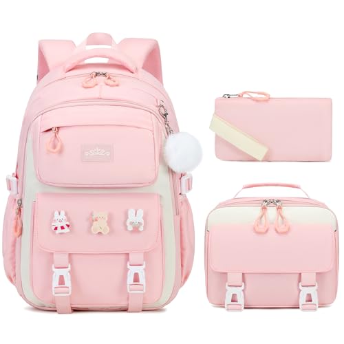 DIGOBAY 3PCS Girls Backpack for School, Kids Backpack for Girls with Lunch Box Pencil Case Set for Teen Girl Elementary Primary Middle High College School Bookbag with Cute Pins (Pink) - Image 1