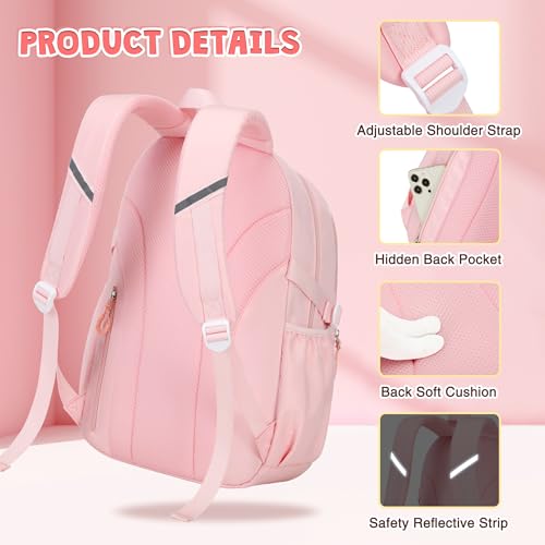 DIGOBAY 3PCS Girls Backpack for School, Kids Backpack for Girls with Lunch Box Pencil Case Set for Teen Girl Elementary Primary Middle High College School Bookbag with Cute Pins (Pink) - Image 5