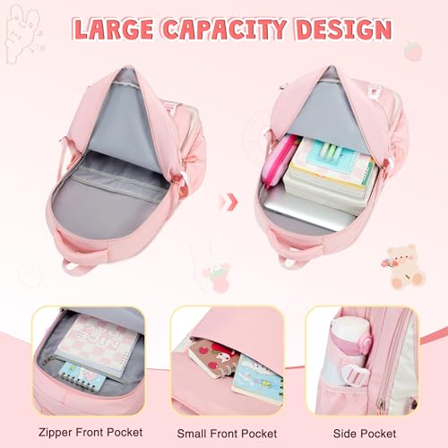 DIGOBAY 3PCS Girls Backpack for School, Kids Backpack for Girls with Lunch Box Pencil Case Set for Teen Girl Elementary Primary Middle High College School Bookbag with Cute Pins (Pink) - Image 3
