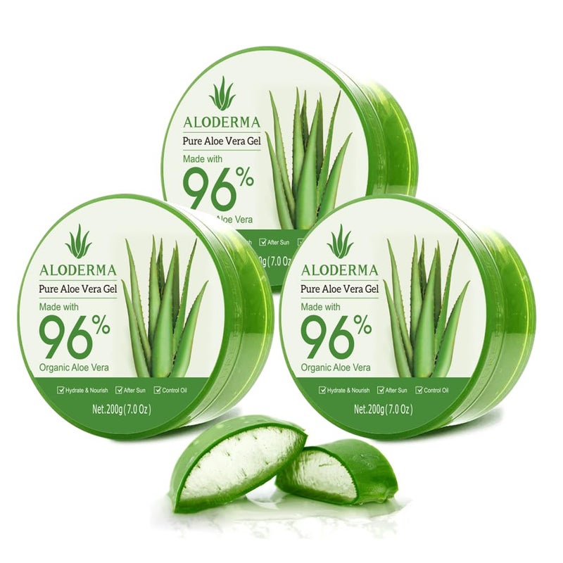 Aloderma Organic Aloe Vera Gel for Face Made within 12 Hours of Harvest, 96% Pure Aloe Vera Gel for Skin, Scalp, & Hair, Soothing Aloe Face Moisturizer, Multipurpose, Hydrating Aloe Gel, 7oz, 3-Pack - Image 1