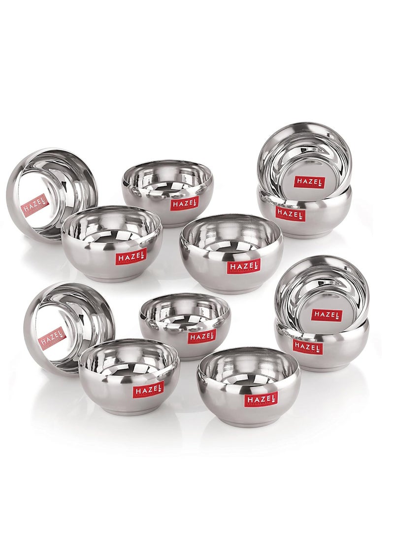 HAZEL Serving Bowl Set | 100 ml Each Stainless Steel Bowl for Dessert, Cereal, Smoothie | Steel Katori, Set of 12 - Image 1