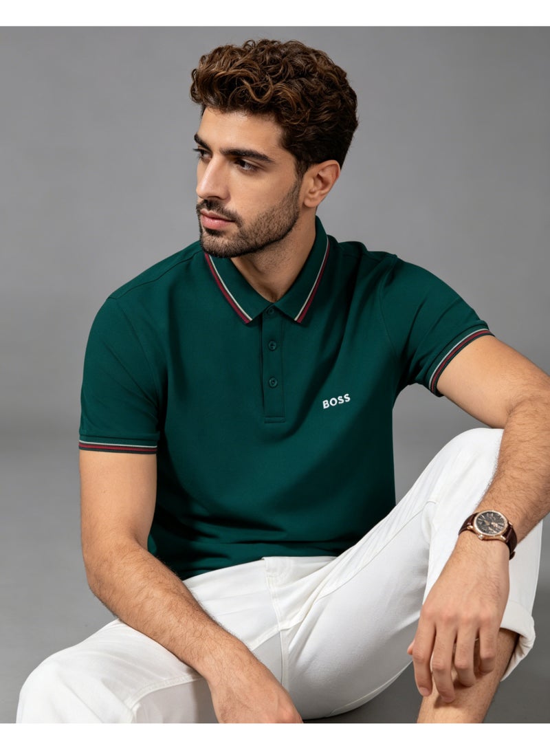 BOSS Men’s Bold Cotton Polo Shirt with Red Contrast Trim - Dark Green - Image 1
