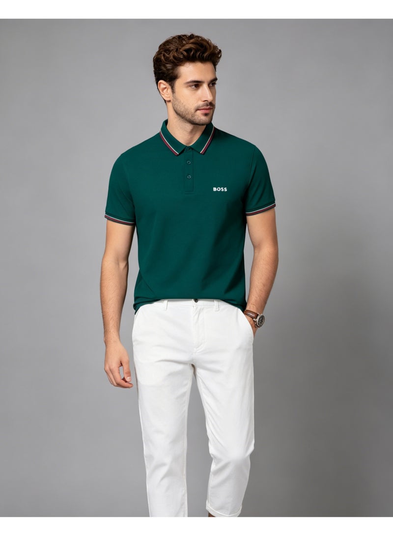 BOSS Men’s Bold Cotton Polo Shirt with Red Contrast Trim - Dark Green - Image 3