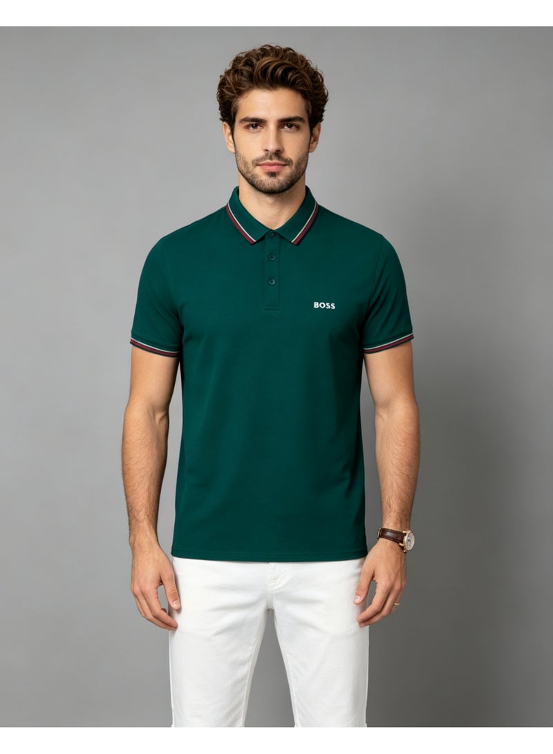 BOSS Men’s Bold Cotton Polo Shirt with Red Contrast Trim - Dark Green - Image 2