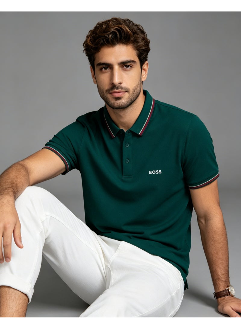 BOSS Men’s Bold Cotton Polo Shirt with Red Contrast Trim - Dark Green - Image 4
