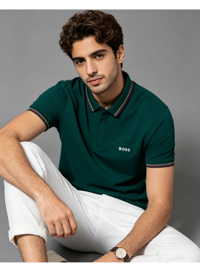 BOSS Men’s Bold Cotton Polo Shirt with Red Contrast Trim - Dark Green - Image 5