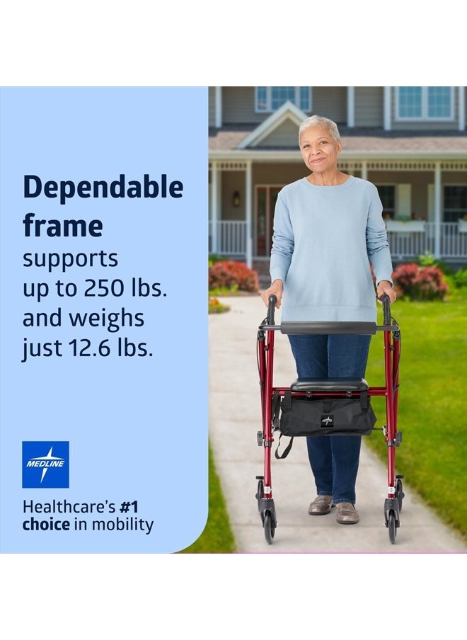 Medline Superlight Folding Aluminum Mobility Rollator Walker, Red, 250 lb. Weight Capacity, 6" Wheels, Adjustable Arms and Seat, Foldable Rolling Walker for Seniors  - Image 2