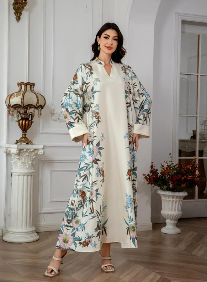 Take Two Take Two Floral Print Embellished Faux Pearl Detail Jalabiya