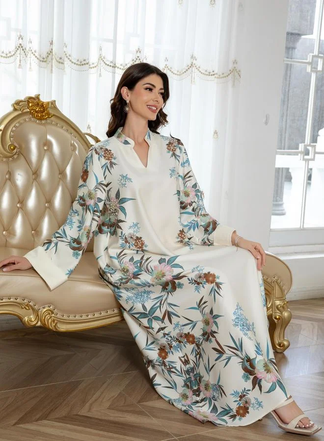 تايك تو جلابية مزينة بطبعة زهور وتفاصيل لؤلؤ صناعي