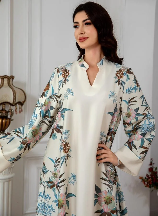 تايك تو جلابية مزينة بطبعة زهور وتفاصيل لؤلؤ صناعي