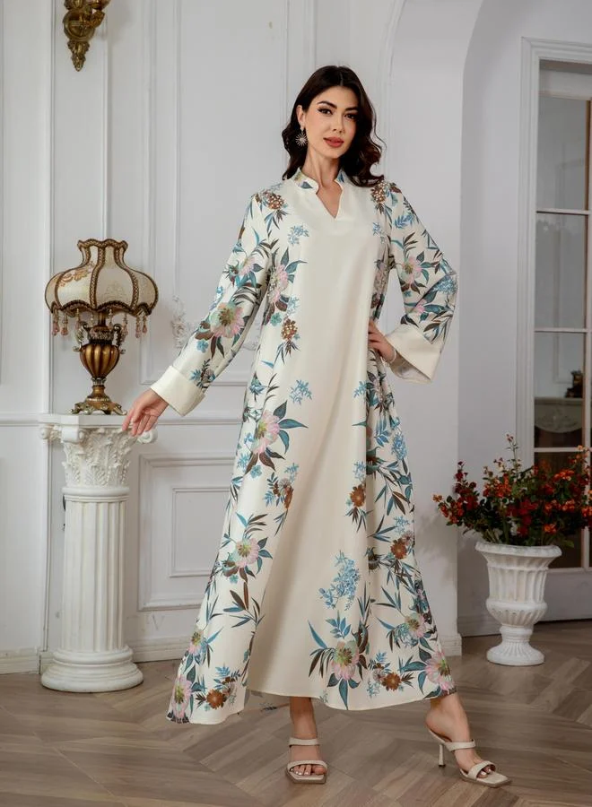 Take Two Take Two Floral Print Embellished Faux Pearl Detail Jalabiya