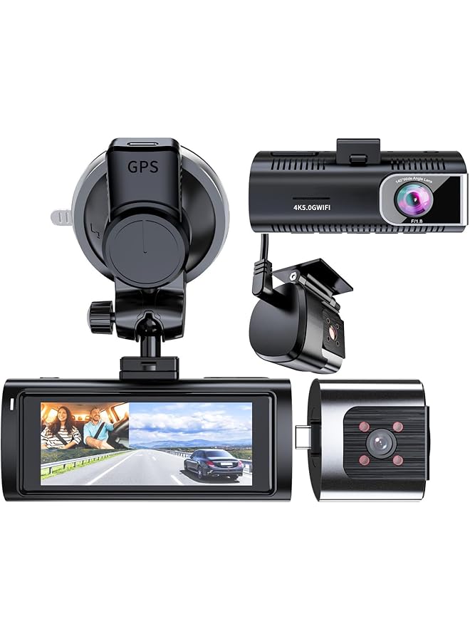Razuvious 3 Channel 4K Wifi Dash Cam, 4K+1080P Front Inside Rear Triple Car Camera, 4K+1080P Dual Dash Camera, Bulid In 5G Wi-Fi And Gps,Ir Night Vision, 24H Parking Mode, Loop Record, G-Sensor - Image 1
