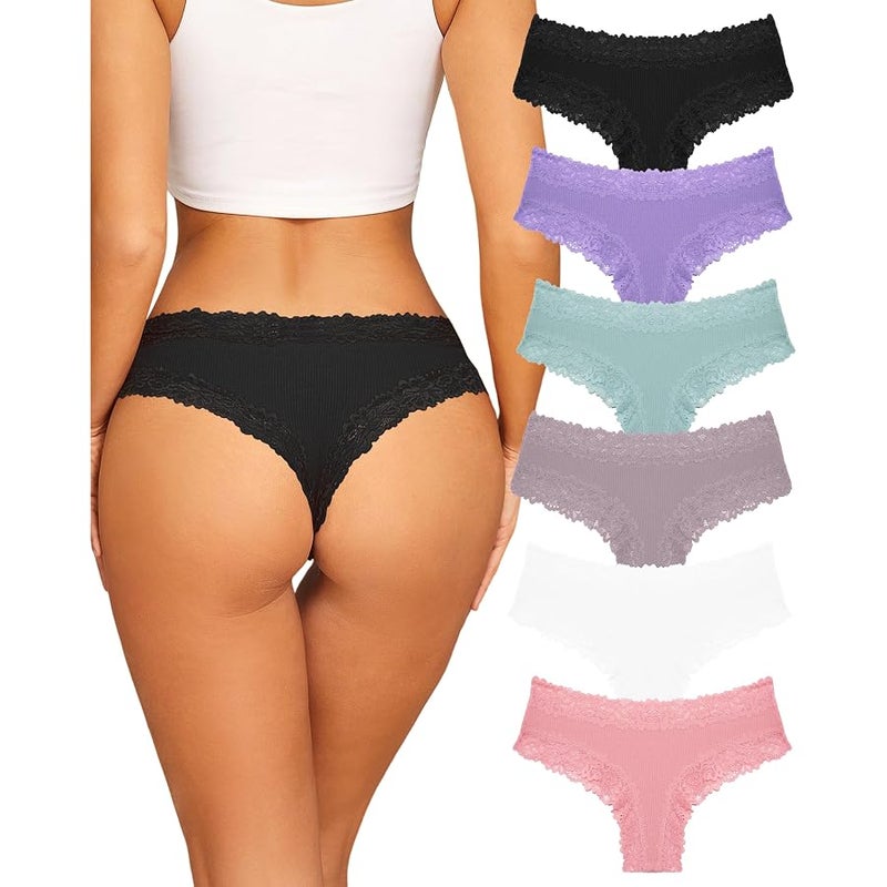 FINETOO Womens Cotton Underwear Sexy Lace Hipster Panties Soft Breathable Cotton Brazilian Bikini Ladies 6 Pack - Image 1