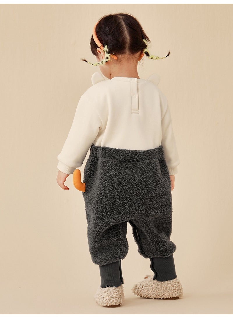 ميني بالا سالопت خثرة لطيفة للأطفال غير المنفصلة جنسًا من ميني بالا، دافئ، ناعم، تفاصيل أذن وذيل حيوان لطيف، أكمام زر، بليوزه فصالية للخارج الخريف/الشتوي للأطفال - Image 3