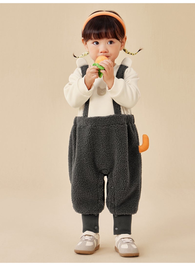 ميني بالا سالопت خثرة لطيفة للأطفال غير المنفصلة جنسًا من ميني بالا، دافئ، ناعم، تفاصيل أذن وذيل حيوان لطيف، أكمام زر، بليوزه فصالية للخارج الخريف/الشتوي للأطفال - Image 1